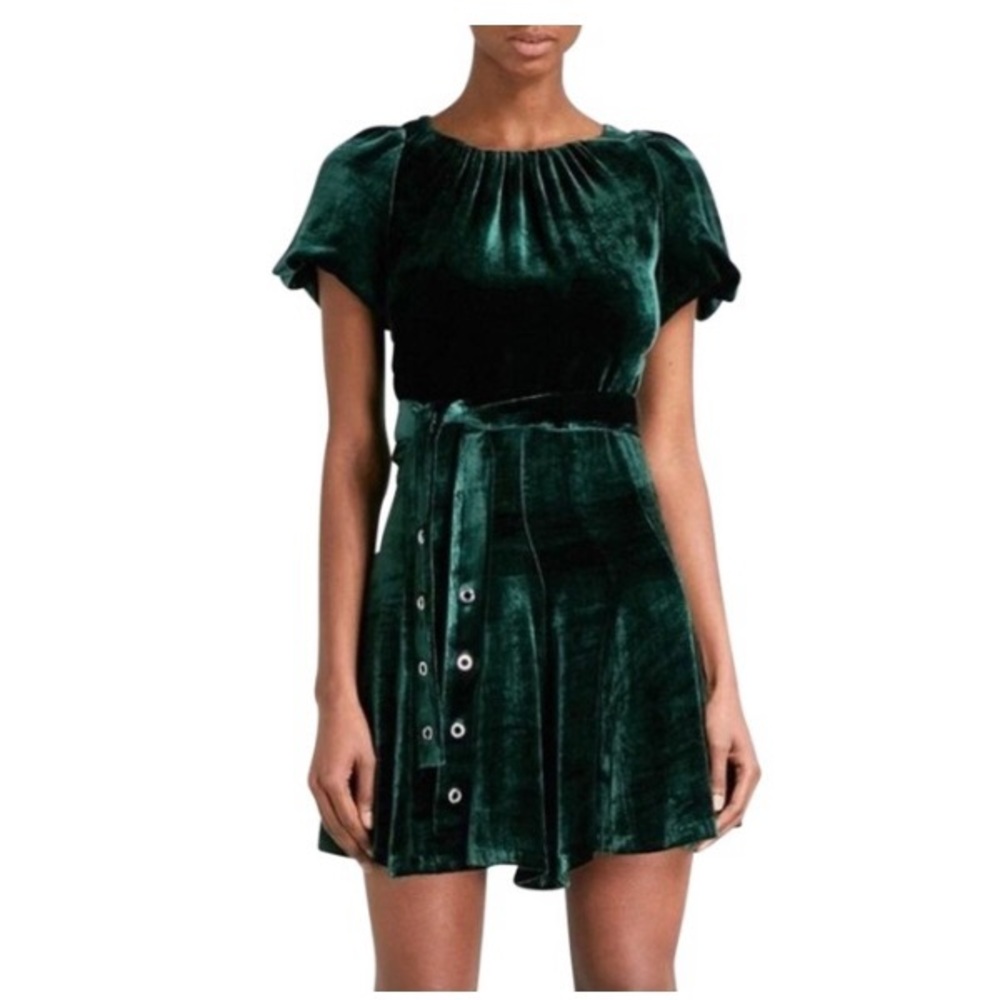 SANDRO Paris Stuarty Fit & Flare Velvet Ruched Neck Balloon Sleeve Dress